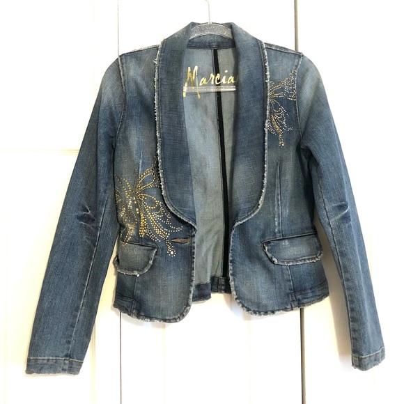 Blue Denim Distressed Gold Butterfly Jean Jacket by Marciano/Guess size Small - Picture 8 of 13